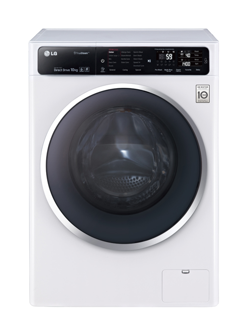 Front view of LG front-load washing machine (F14U1JBS2) in white