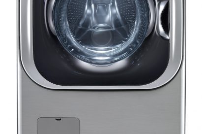 Front view of LG front-load washing machine (WM8000) with a pedestal