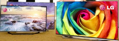 Two side-by-side LG 4K ULTRA HD TVs in the front of another LG TV