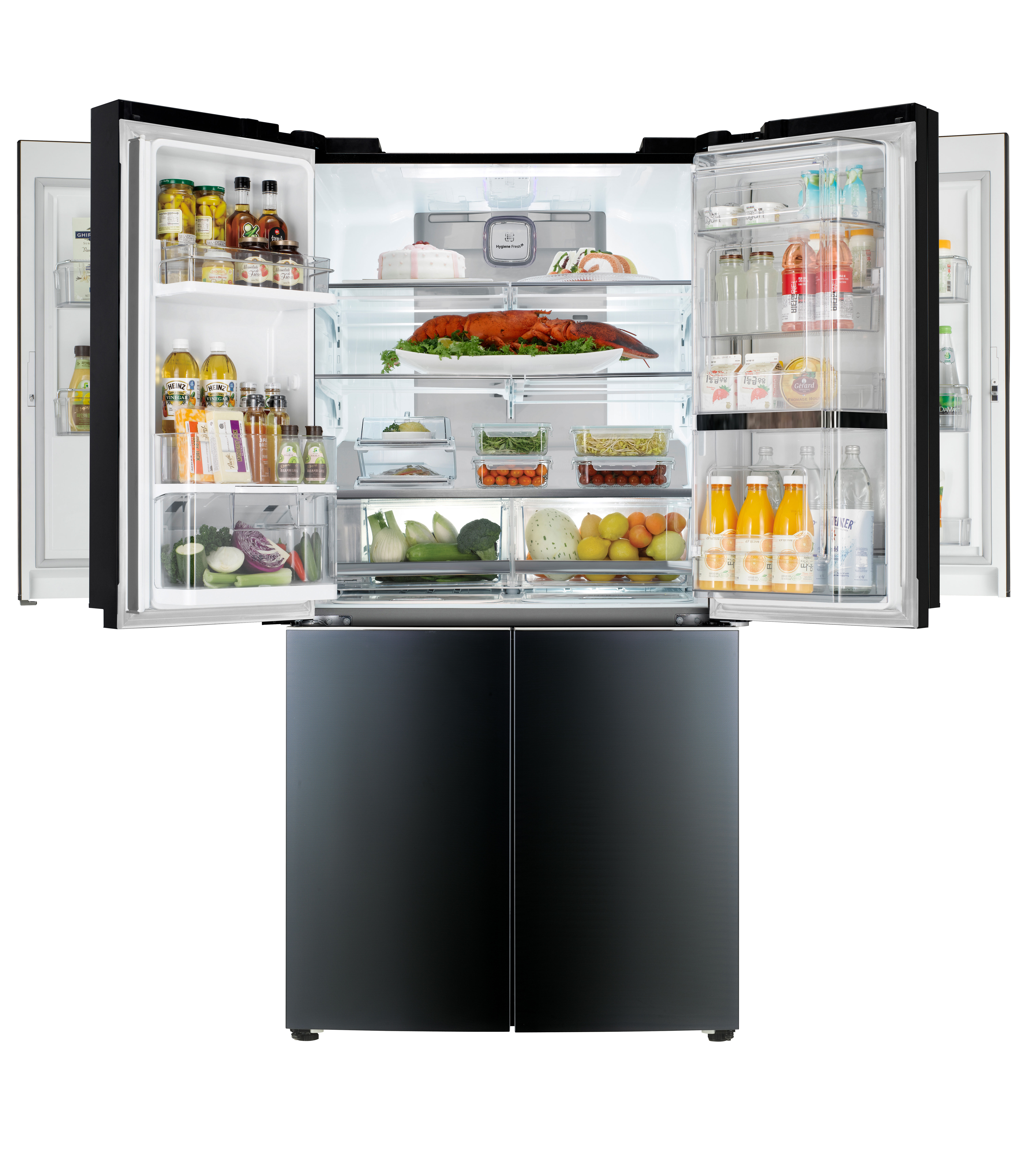 LG double Door-in-Door™ refrigerator with four doors including Door-in-Door™ parts on the top opened