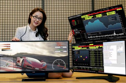 A model demonstrating LG UltraWide Gaming Monitor 34UM67 and Curved UltraWide Multi-Display model 34UC87M