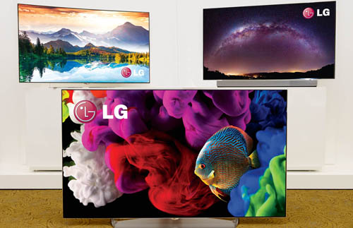 Three LG 4K OLED TVs displayed at International CES 2015