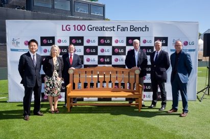 Group photo in front of a bench where the names of the 100 Greatest Fans will be engraved to mark the biggest event in cricket.