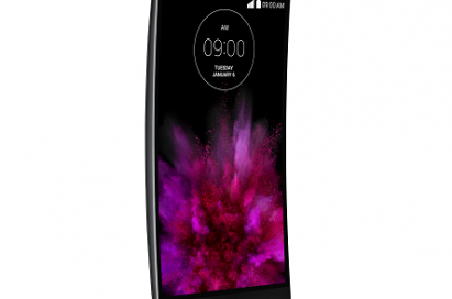 Front view of LG's G Flex2 smartphone facing 15 degrees to the right