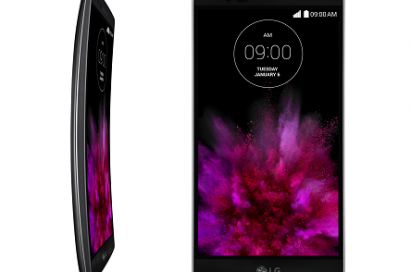 A front view of LG's G Flex2 smartphone on the right side and a side view of GFlex2 on the left side facing to the right