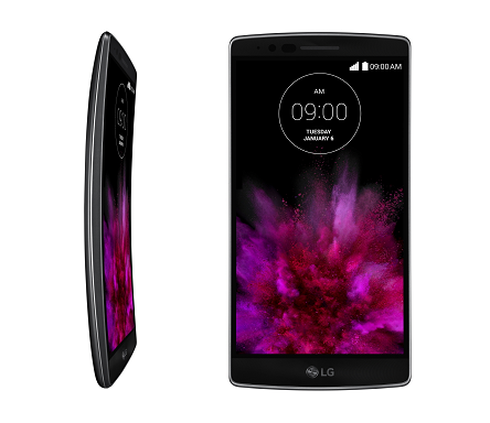 A front view of LG's G Flex2 smartphone on the right side and a side view of GFlex2 on the left side facing to the right