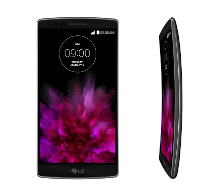 A front view of LG's G Flex2 smartphone on the left side and a side view of GFlex2 on the right side facing to the left