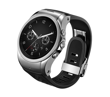 Front view of LG Watch Urban LTE in silver with its dial looking above to the left