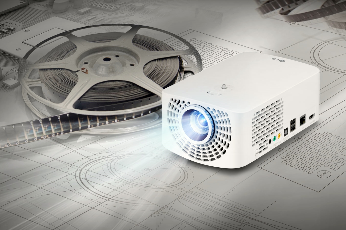 A right-side of LG Minibeam Pro model PF1500 emitting light