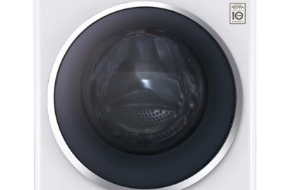 LG front-load washing machine in white color