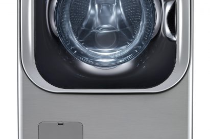 LG front-load washing machine in white color