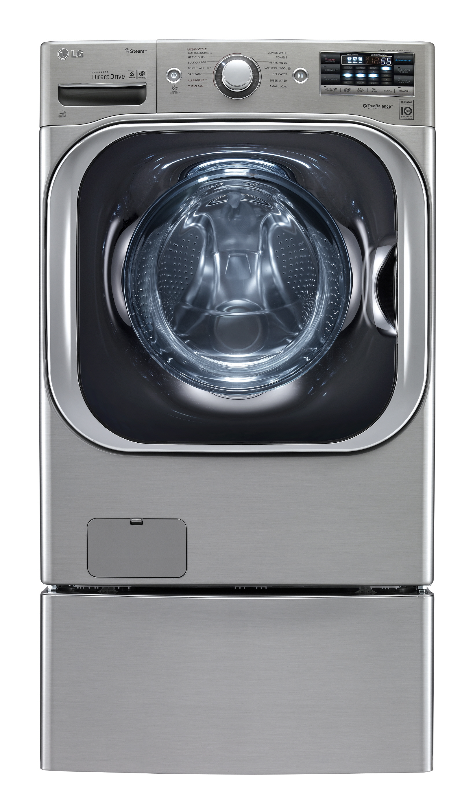 LG front-load washing machine in white color