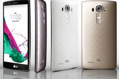 A LG G4 showing its front and other LG G4 handsets wearing three unique material covers in three colors(Metallic Gray, Shiny Gold, Ceramic White) with 3D patterns
