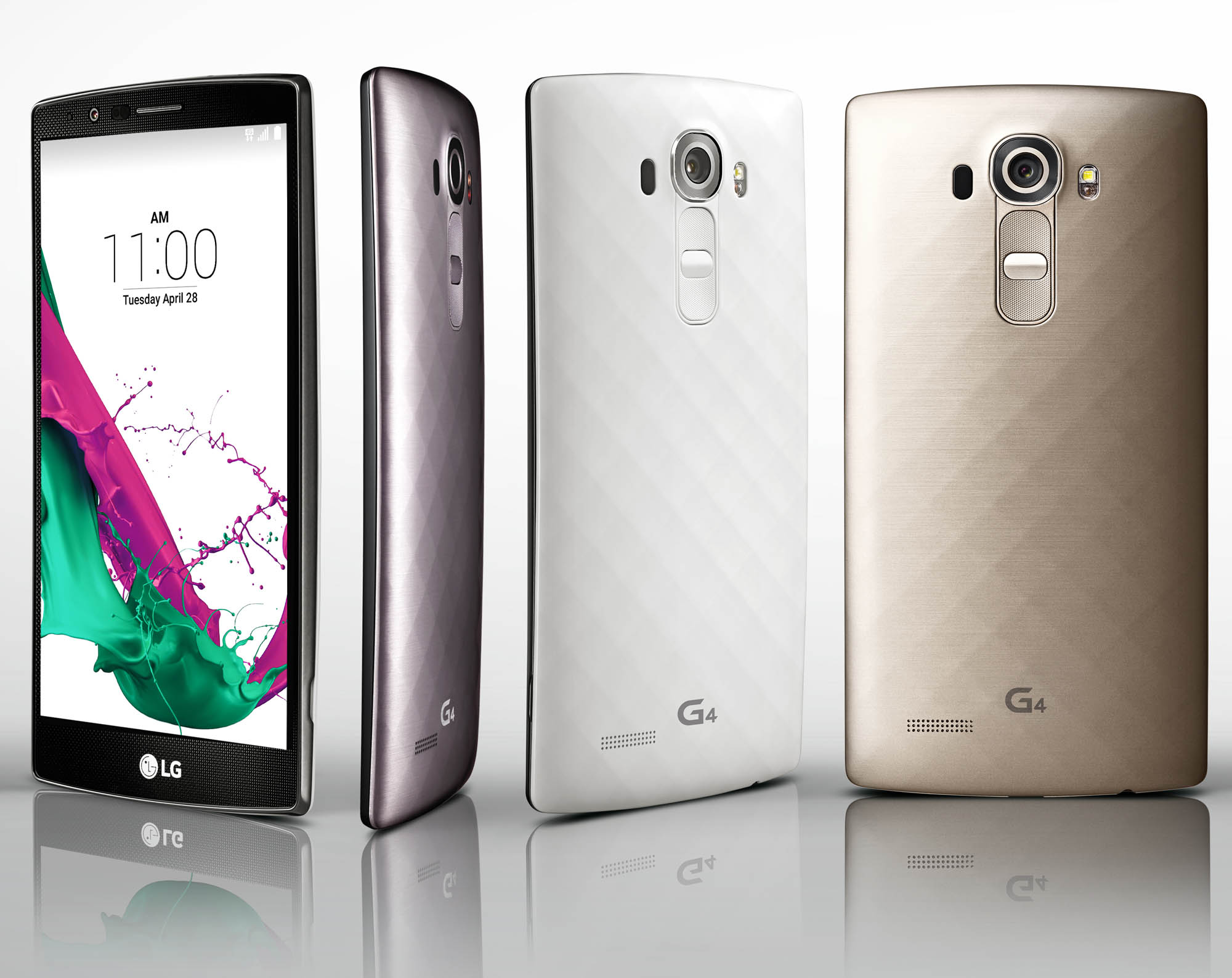 A LG G4 showing its front and other LG G4 handsets wearing three unique material covers in three colors(Metallic Gray, Shiny Gold, Ceramic White) with 3D patterns