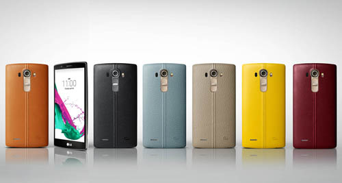 G4 handsets wearing handcrafted, genuine full grain leather back cover in six colors(From left to right; Brown, Black, Sky Blue, Beige, Yellow, Red). A LG G4 showing its front.