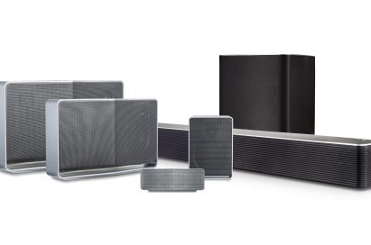 The LG Music Flow lineup featuring its LG battery-powered Portable Wi-Fi Speaker, LG Wi-Fi Speakers and LG Wi-Fi Soundbars