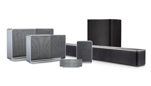 The LG Music Flow lineup featuring its LG battery-powered Portable Wi-Fi Speaker, LG Wi-Fi Speakers and LG Wi-Fi Soundbars.