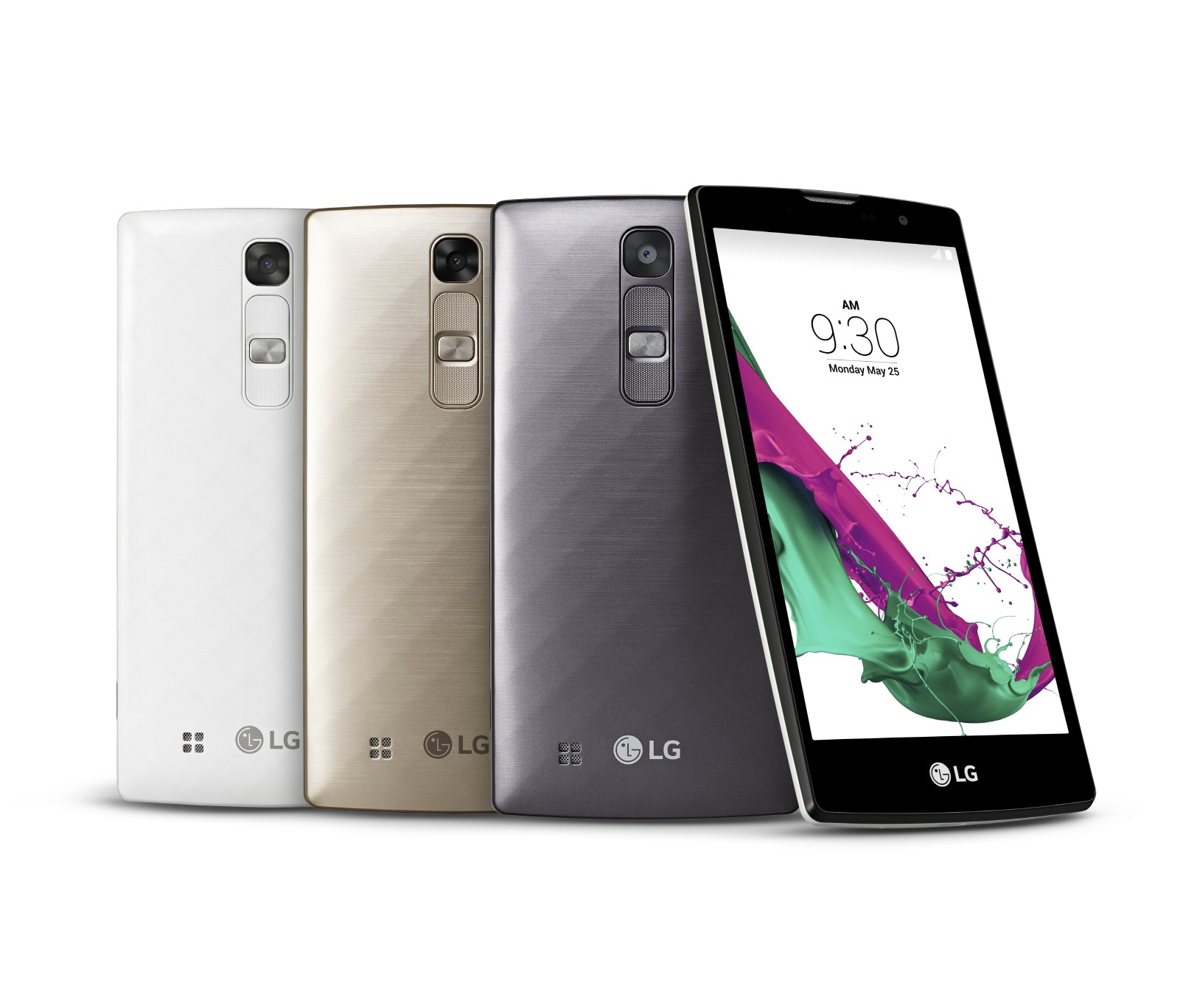 From left to right; back views of G4cs in Ceramic White, Shiny Gold, Metallic Gray, a front view of G4c.