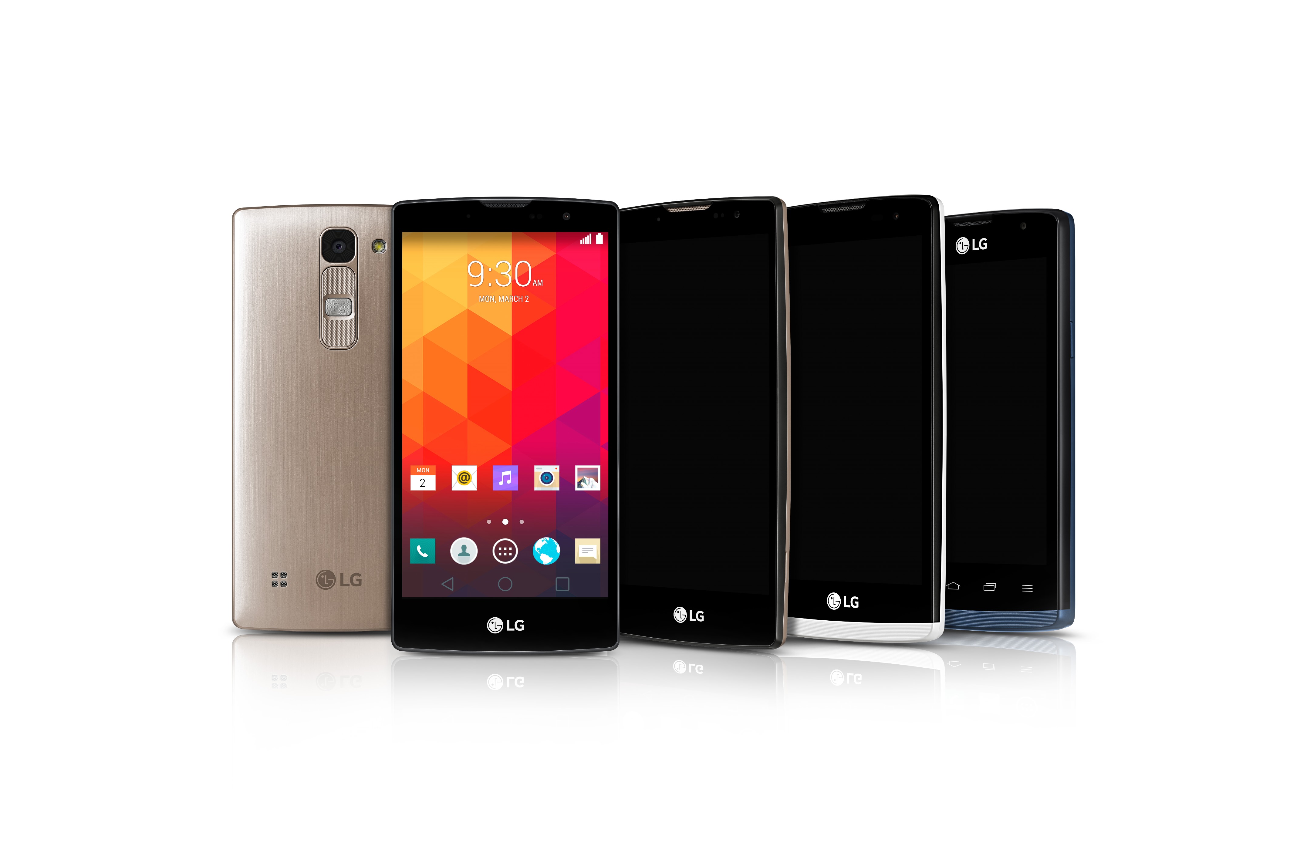 From left to right; A back of one of the new mid-range smartphones. And a front of turned on Magna, and fronts of turned off Spirit, Leon, Joy.