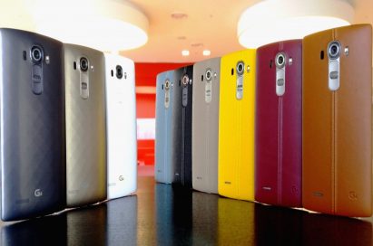 LG G4 handsets wearing three unique material covers in three colors(Metallic Gray, Shiny Gold, Ceramic White) with 3D patterns and handcrafted, genuine full grain leather back cover in six colors(Sky Blue, Black, Beige, Yellow, Red, Brown)