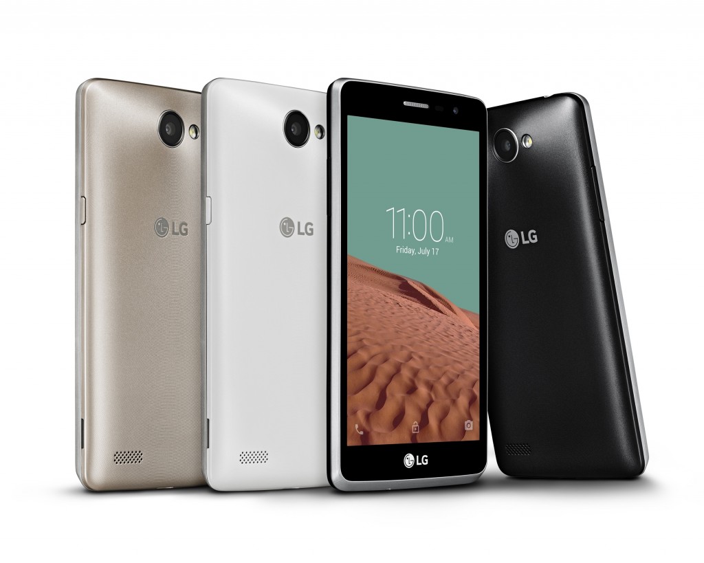 From left to right; back views of LG Bello IIs each in gold color and white color, a front view of LG Bello II in black color and a back view of LG Bello II.