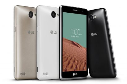 From left to right; back views of LG Bello IIs each in gold color and white color, a front view of LG Bello II in black color and a back view of LG Bello II.
