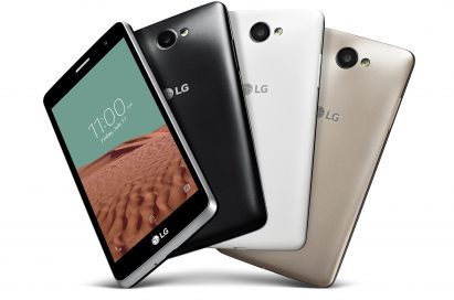 From left to right; a front view and a back of LG Bello IIs in black color and white color, back views of LG Bello IIs each in white color and gold color.