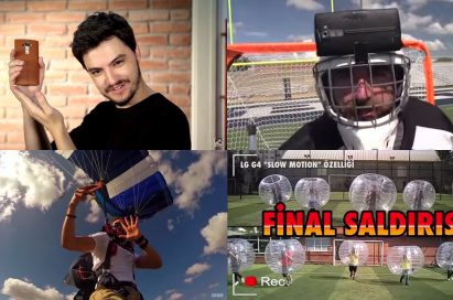 4 screen shots of videos of five popular Youtubers dealing with LG G4’s best features. Clockwise from upper left; Felipe Neto, Dude Perfect, OHA Diyorum, Alex Chacón