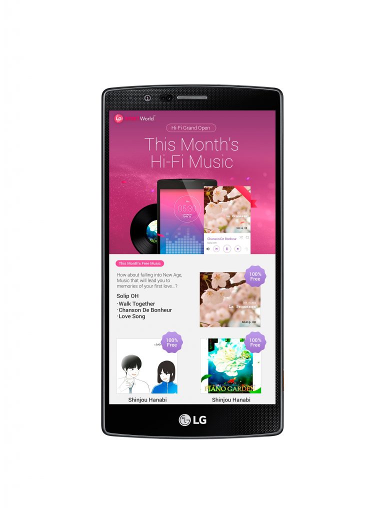 LG G3’s display showing ‘This Month’s Hi-Fi Music’ via the LG SmartWorld app, a high-fidelity(Hi-Fi) music service for customers of LG premium smartphones.