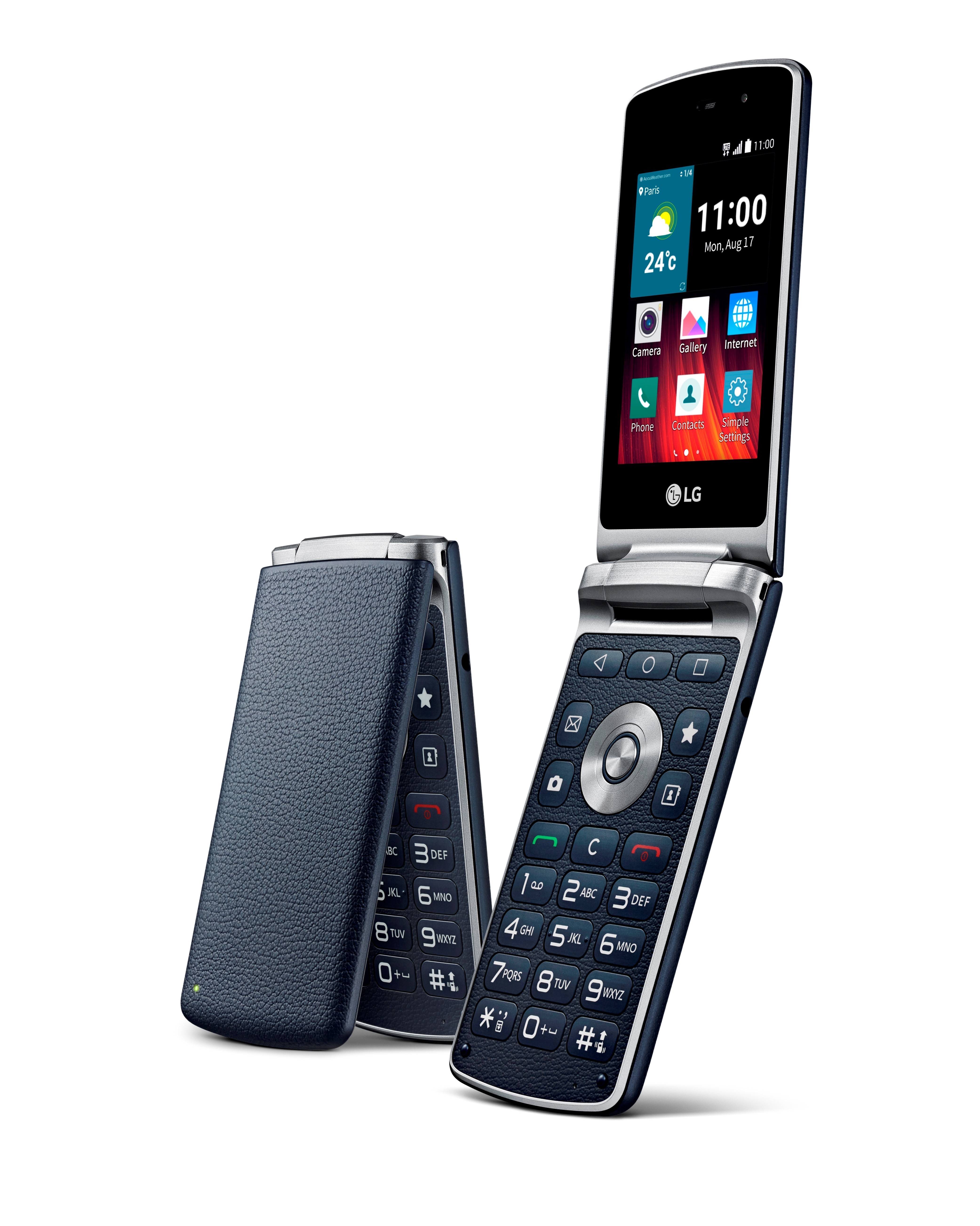 Two LG Wine Smart devices in Navy – one almost folded and the other one fully unfolded