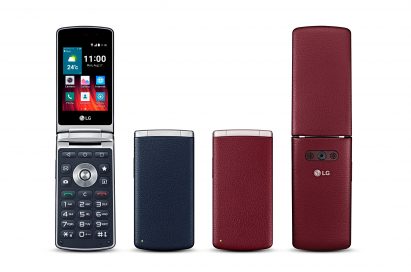 Rear and front views of the LG Wine Smart while open and closed, showing off its Navy and Burgundy models.