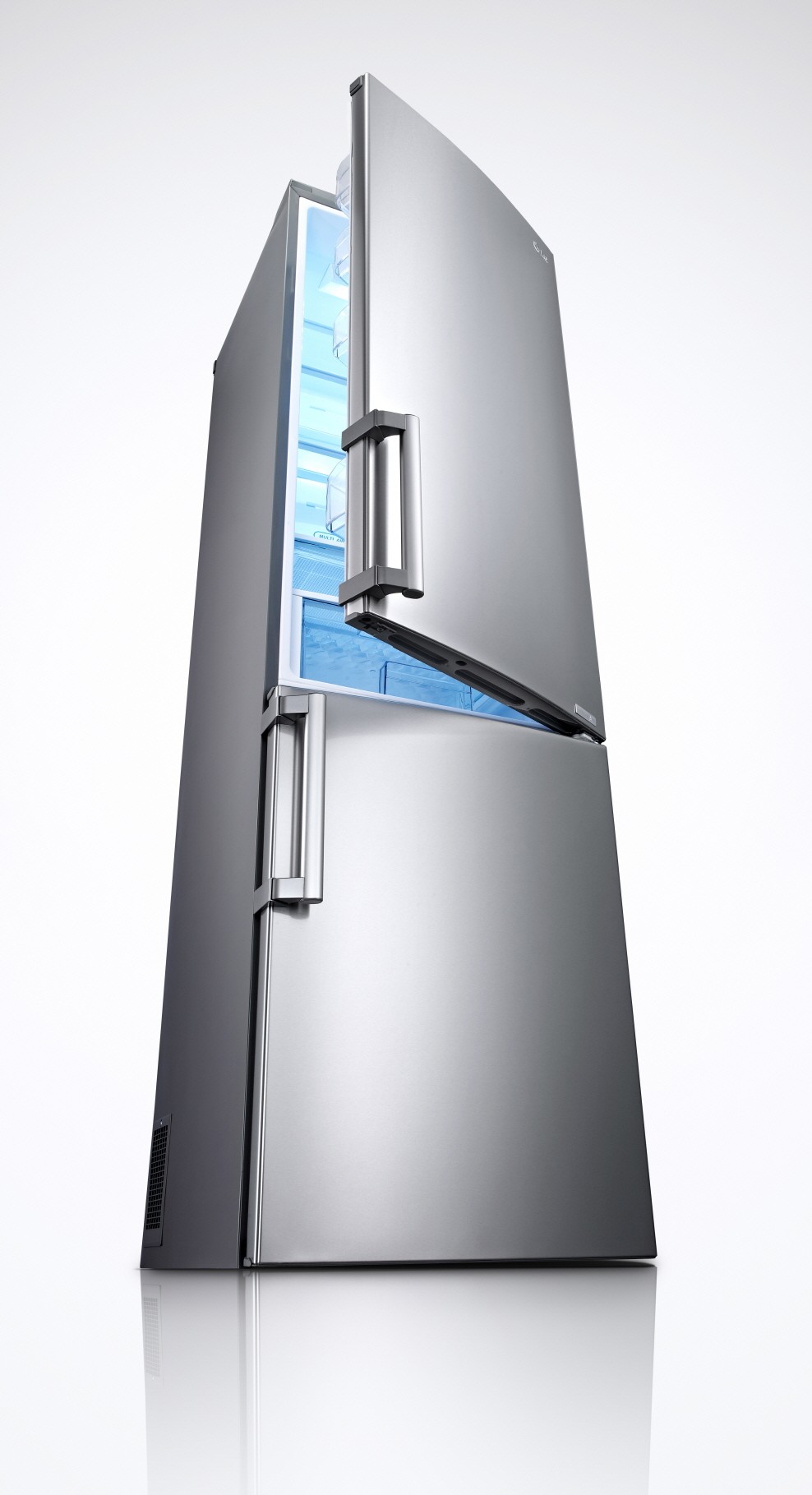 LG bottom-freezer refrigerator with its refrigerator’s door slightly opened