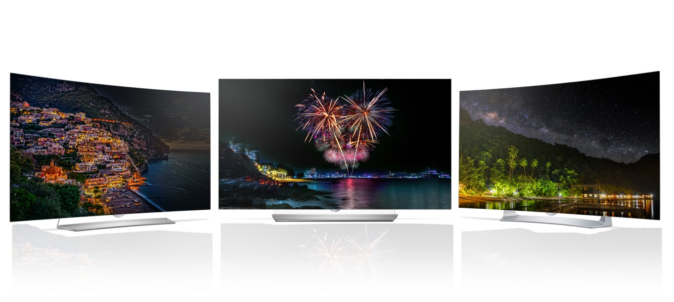 Front views of the LG 2015 OLED TV Line up models 55EG9200, 65EF9500 and 55EG9100