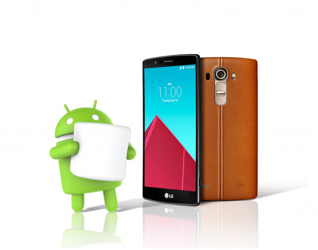 The LG G4 with the green Android logo holding a marshmallow, signaling that the LG G4 will receive the Android 6.0 Marshmallow OS
