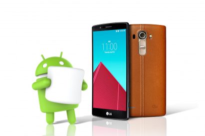 The LG G4 with the green Android logo holding a marshmallow, signaling that the LG G4 will receive the Android 6.0 Marshmallow OS