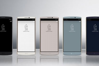 The front view of the LG V10 in Space Black, Luxe White, Modern Beige, Ocean Blue and Opal Blue