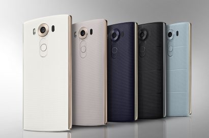 The back view of the LG V10 in Luxe White, Modern Beige, Opal Blue, Space Black and Ocean Blue