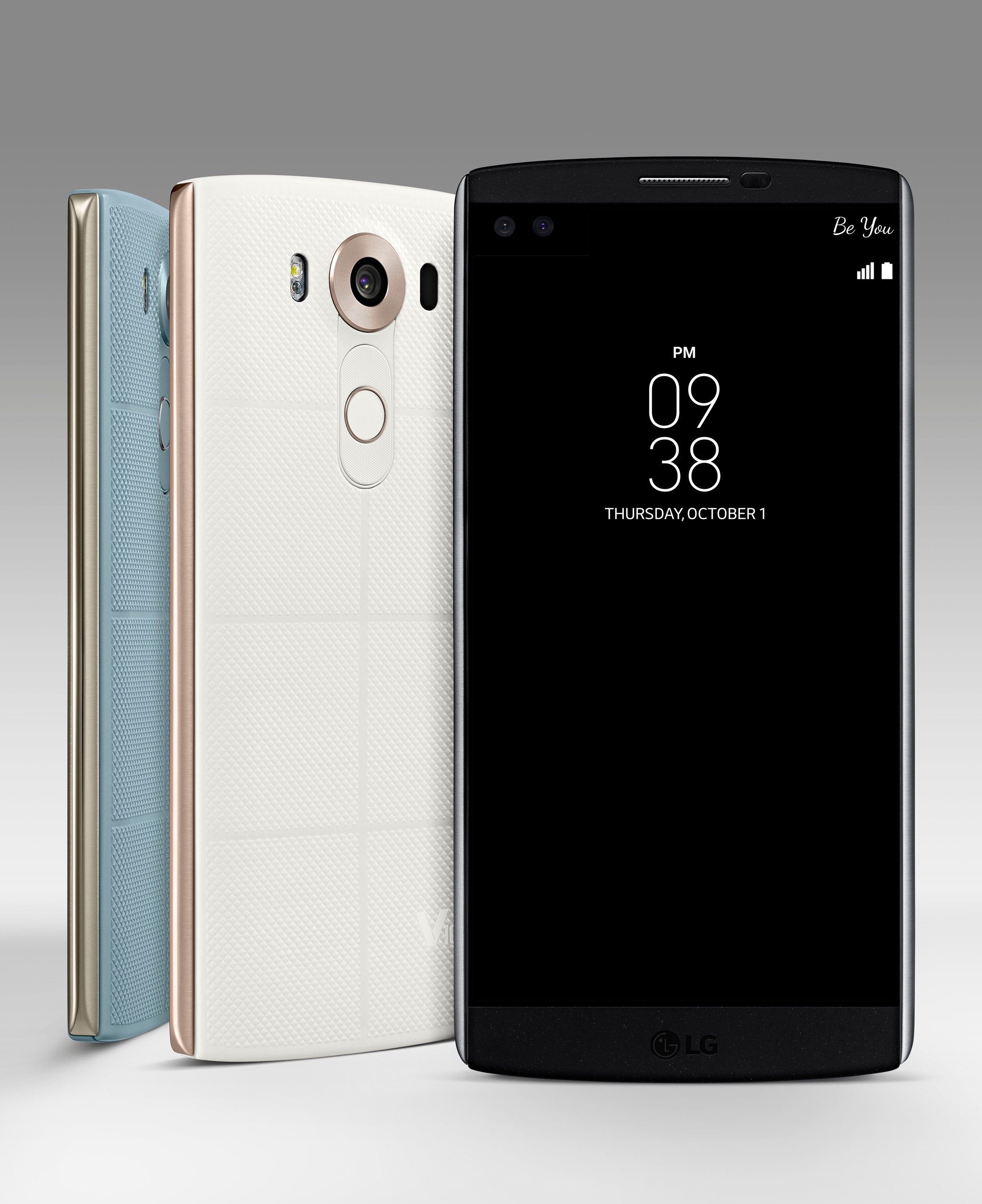 The front view of the LG V10 in Space Black and the back view of the same device in Luxe White and Ocean Blue