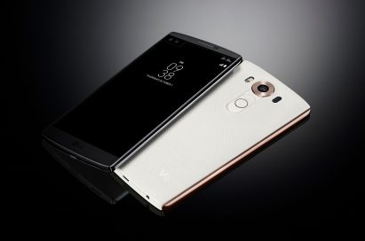 The LG V10 in Space Black lying right-side up and the same device in Luxe White upside-down