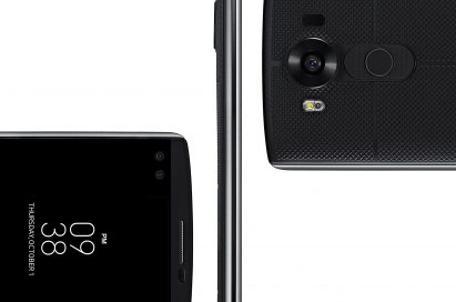 The front, back and side view of the LG V10 in Space Black