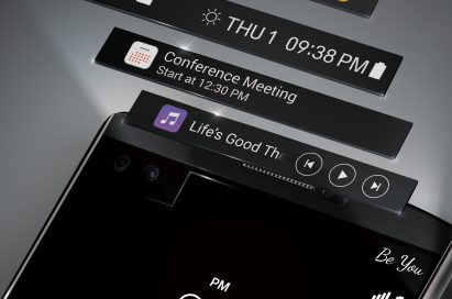 The front view of the LG V10 along with the various use scenes of the Second Screen, which can display the music player, calendar events, weather, time, date, music, incoming calls, battery icon and shortcuts to apps even when the main display is off