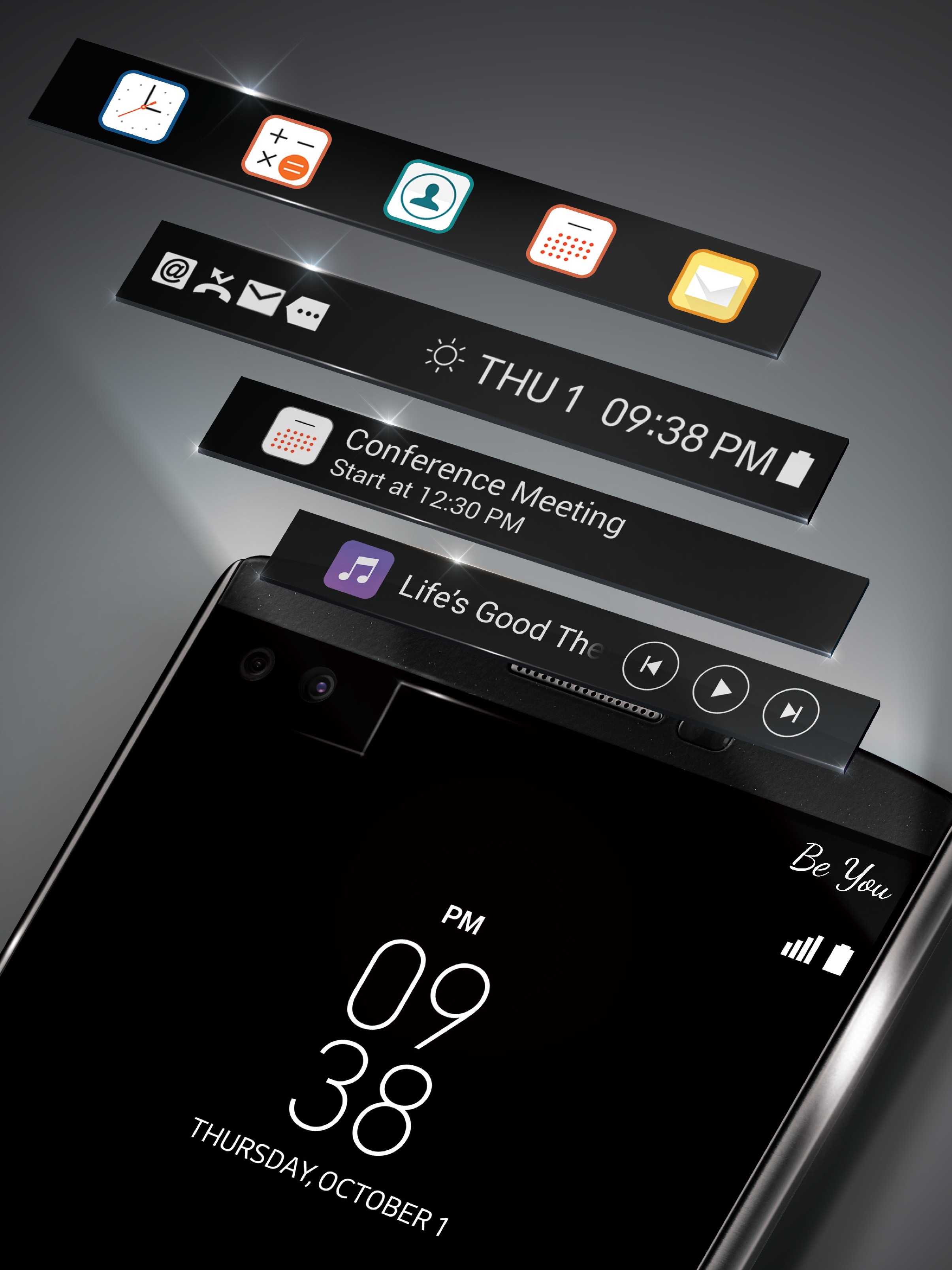 The front view of the LG V10 along with the various use scenes of the Second Screen, which can display the music player, calendar events, weather, time, date, music, incoming calls, battery icon and shortcuts to apps even when the main display is off