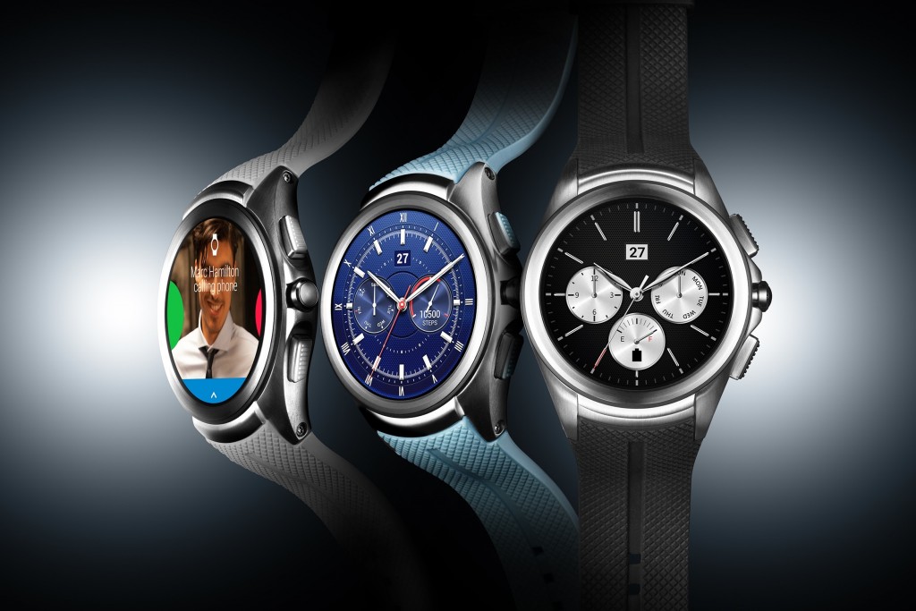 The front and side views of the LG Watch Urbane 2nd Edition in Space Black and Opal Blue
