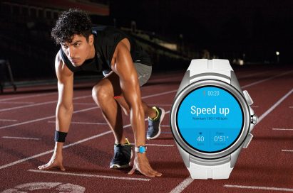 A man at a track start line with the LG Watch Urbane 2nd Edition on his wrist, with an enlarged image of the LG Watch Urbane 2nd Edition on the right showing a fitness app