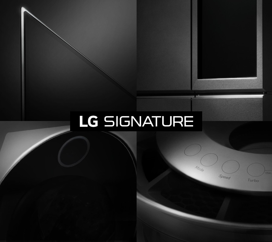 A promo shot of LG SIGNATURE’s high-end offerings, with stylish close-ups that show off their brilliant designs.
