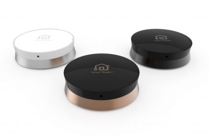 Three SmartThinQ™ Sensors with different colors, white and silver, black and gold, and black.
