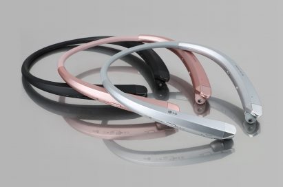 The top and side view of the LG TONE Infinim™ in Black, Rose Gold and Silver