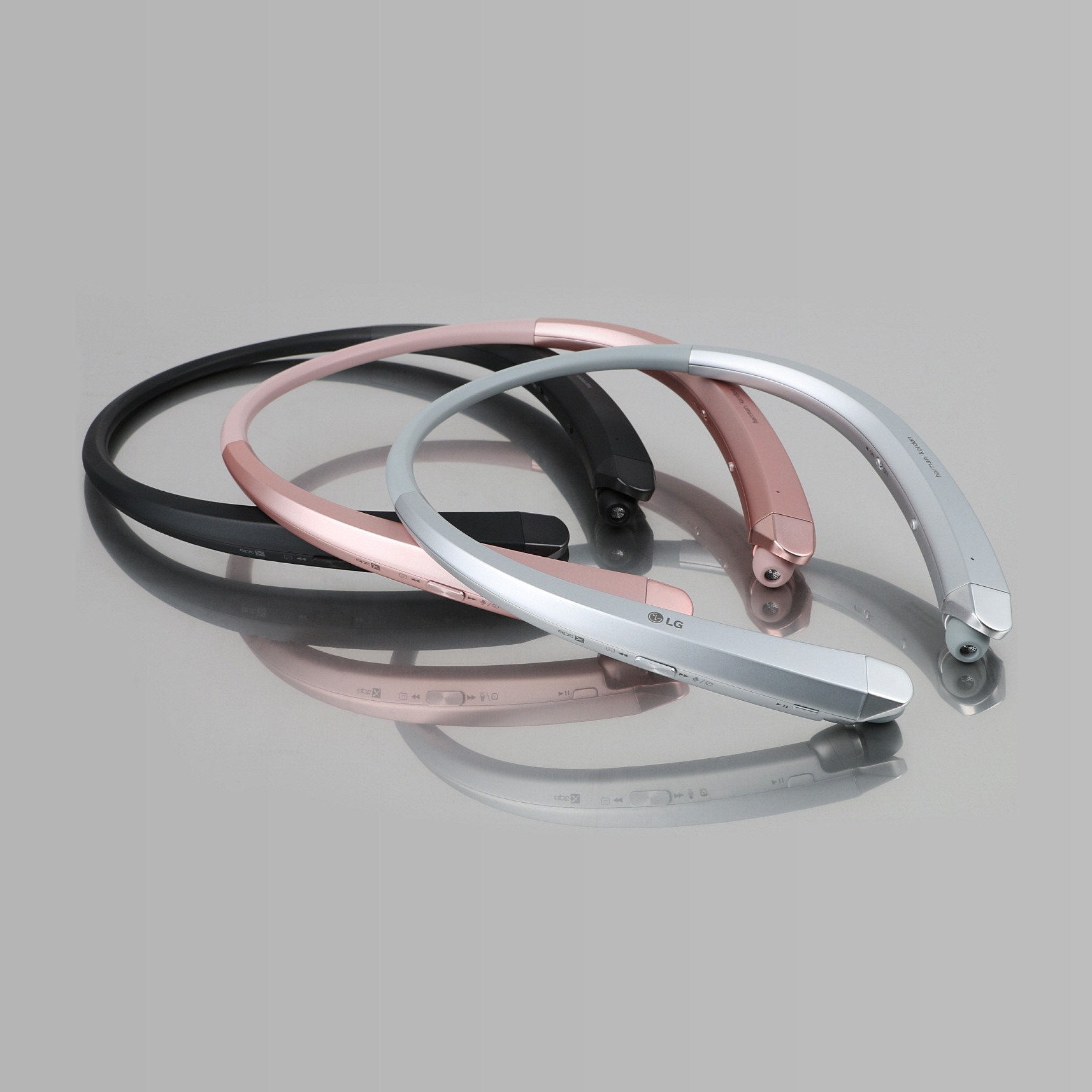 The top and side view of the LG TONE Infinim™ in Black, Rose Gold and Silver