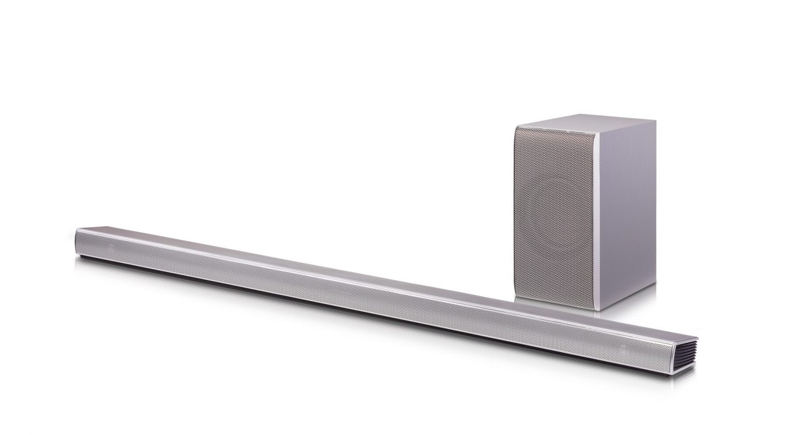 The LG 2016 Soundbar SH8 in front of a wireless subwoofer