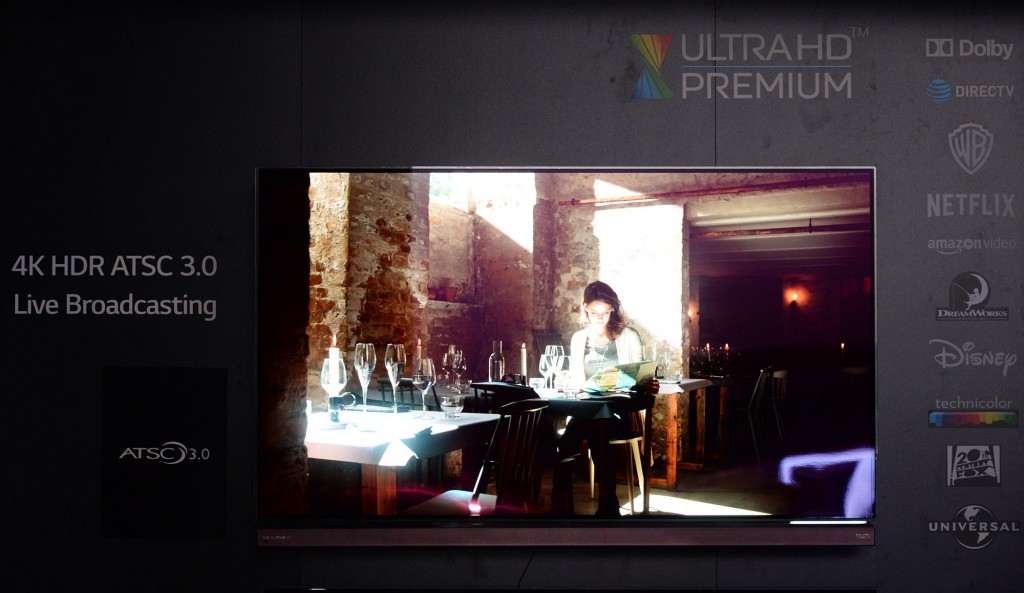 A next-gen LG OLED TV delivering 4K UHD HDR, which is live broadcasting ATSC 3.0, on display at CES 2016.